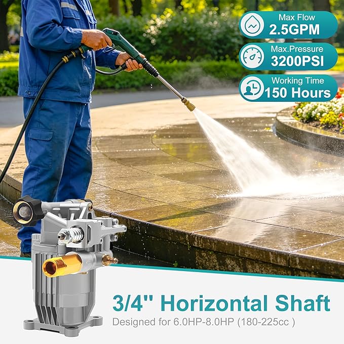 3/4" Shaft Horizontal Pressure Washer Pump 2600-3200 psi Power Washer Pump Replacment Max 3200 PSI, Compatible with Honda, Simpson and More Pressure Washers