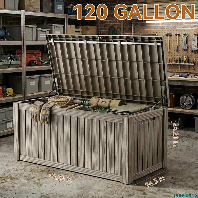 150 Gallon Outdoor Deck Box, Resin Waterproof Storage Box With Lockable Lid, UV-Resistant Multi-Purpose Outdoor Storage Bench for Patio Cushions, Garden Tools, Pool Accessories (Grey)