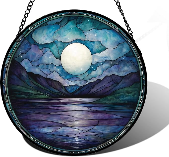 DASTOLL Stained Glass Window Hanging, Blue Night Moon Lake Sun Catchers Colorful Glass Panel Landscape Suncatcher Decor for Birthday for Women, Men, Wife, Aunt, and Mom 7.8 in