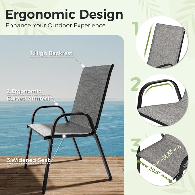 7-Piece Outdoor Dining Set, All Weather Patio Table and Chairs Set with Umbrella Hole for 6, Rectangular Steel Slat Table and 6 Textilene Chairs for Garden, Backyard, Poolside and Deck, Grey
