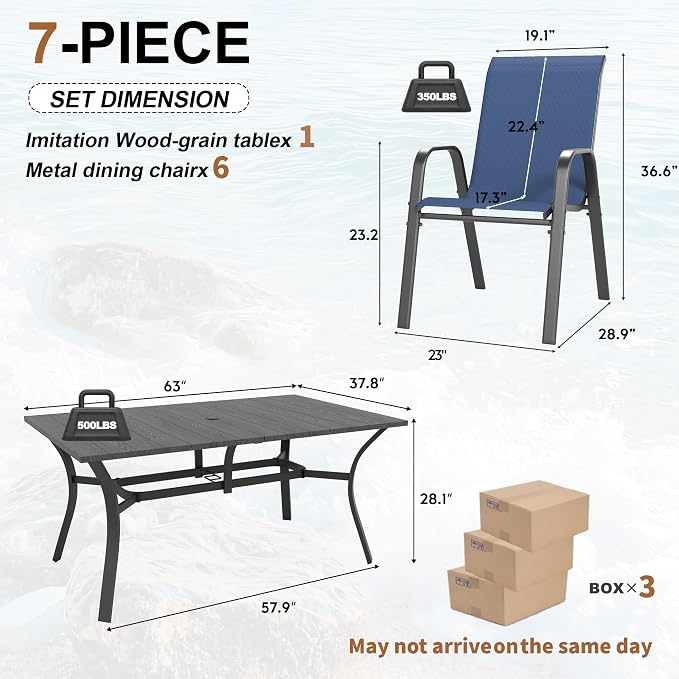 Outdoor Dining Set for 6, Patio Metal Table and Chairs Set with 1.97'' Umbrella Hole, 7pcs Patio Furniture Set 63”x37.8” Dining Table Set with Stackable Chairs for Backyard Pool Deck