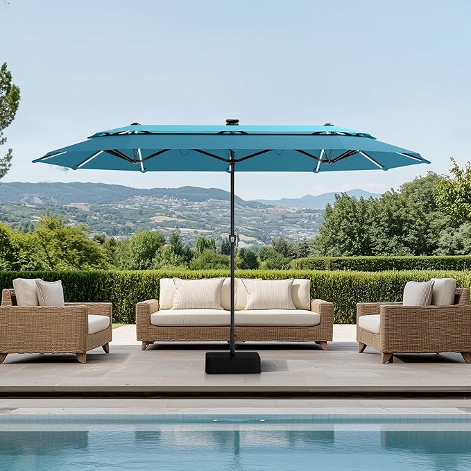 PHI VILLA 13ft Patio Umbrella with 120 PCS Solar-Powered LED Color-Changing Lights, 2-Tier Double-Sided Large Rectanglular Umbrella with Base Included, Blue&Cerulean