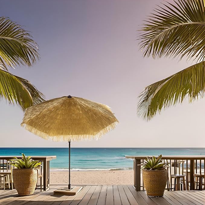 Hula Thatched Tiki Umbrella Tropical Palapa Raffia Tiki Hut Hawaiian Patio Umbrella with Fringe Boho Parasol 6' 8' & 9' Options