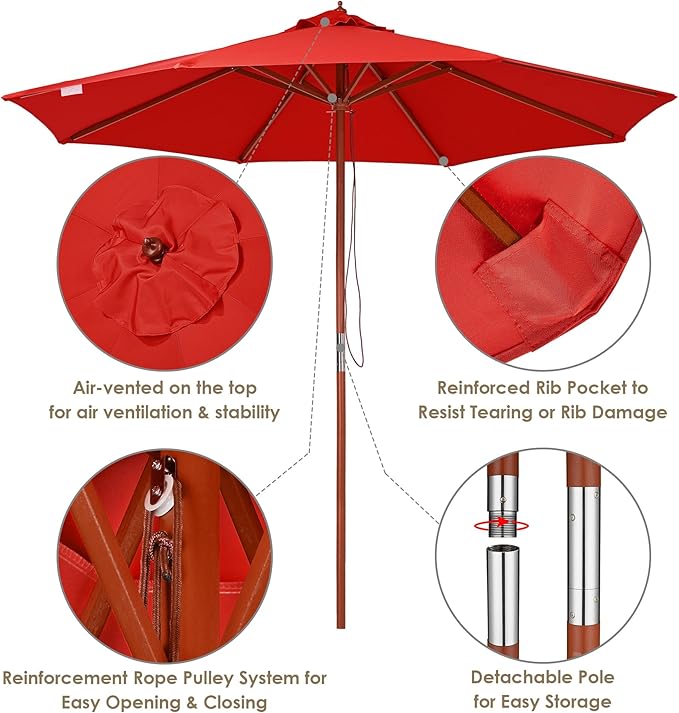 Yescom 9ft Coastal Solid Wood Umbrella Pulley Lift Commercial Base with Wheel Included for Seaside Restaurant Terrace Poolside Beach Club