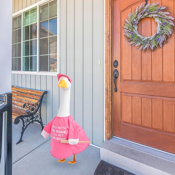 CAMDUCK Funny Porch Goose Outfit for 23 Inch Goose Statue, Mess with The Honk You Get The Bonk Goose Clothes, Decorative Lawn Geese Costume Clothing for Outdoor Decor (Pink)