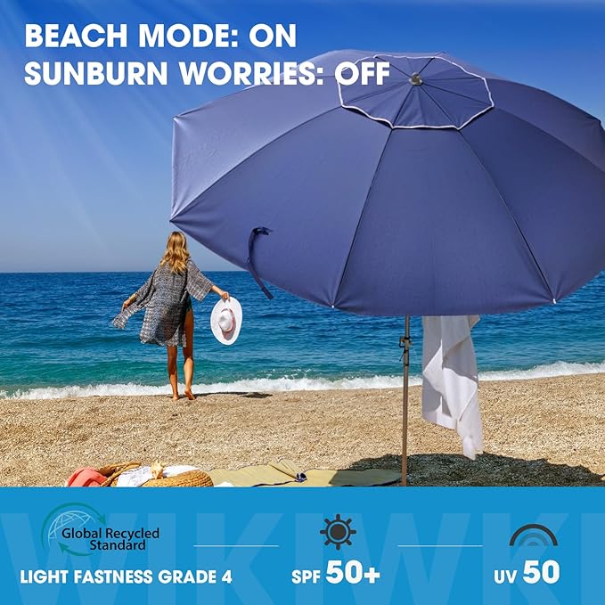 wikiwiki 7ft Beach Umbrella with Sand Anchor & Tilt, UPF 50+ Protection Beach Umbrellas for Sand, with Carry Bag and Hook, for Patio Garden Pool, Dark Blue