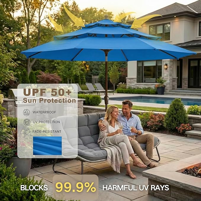 Kingdura 10ft 3-Tier Patio Umbrella, Outdoor Table Umbrella with Easy Crank & Tilt, 8 Reinforced Ribs, UV Protection for Deck, Pool, Market, Backyard (Royal blue)