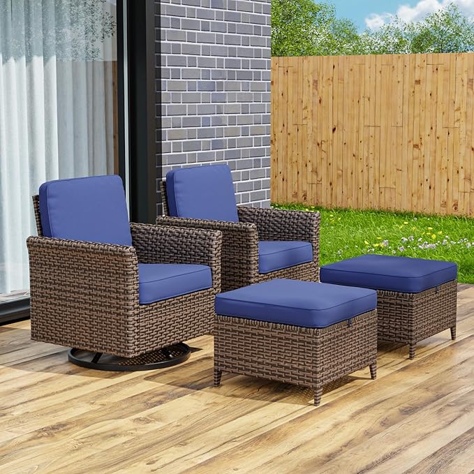 COOS BAY Harbor Retreat 4 Piece Outdoor Furniture Set, Patio Conversation Set with Swivel Rocking Chairs and Ottomans, Wicker Furniture, Brown/Blue