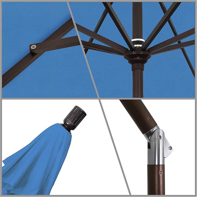 California Umbrella 9' Round Aluminum Patio Umbrella, Crank Lift, Collar Tilt, Bronze Pole, Frost Blue Olefin