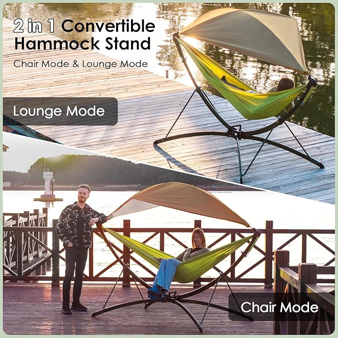 Portable Hammock with Quick Setup Folding Stand & Adjustable Sunshade Canopy & Storage Bag, Adult/Child Hammock Chair, for Camping Home Garden Hotel Outside Beach Forest (Green)