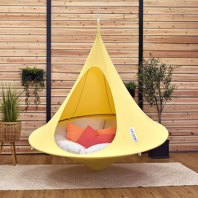 Double Cacoon Hanging Chair for Two – Cozy Indoor/Outdoor Hammock with Polyester Canvas, 440 lb Capacity, Includes 18ft Rope & Carabiner (Lemonade)