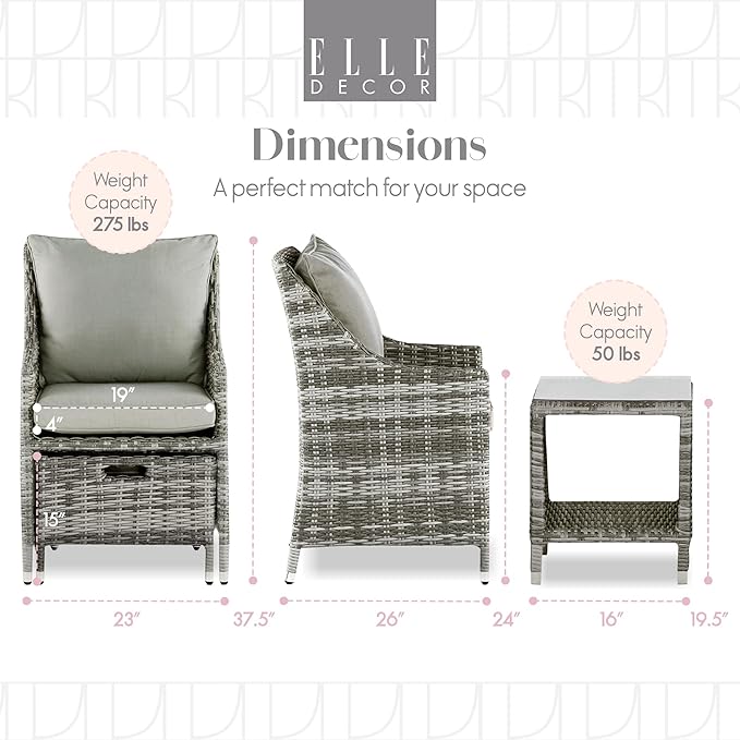Elle Decor Vallauris Patio Outdoor Furniture Collection, Premium All Weather Wicker, 5 Piece Non-Reclining Set, Gray