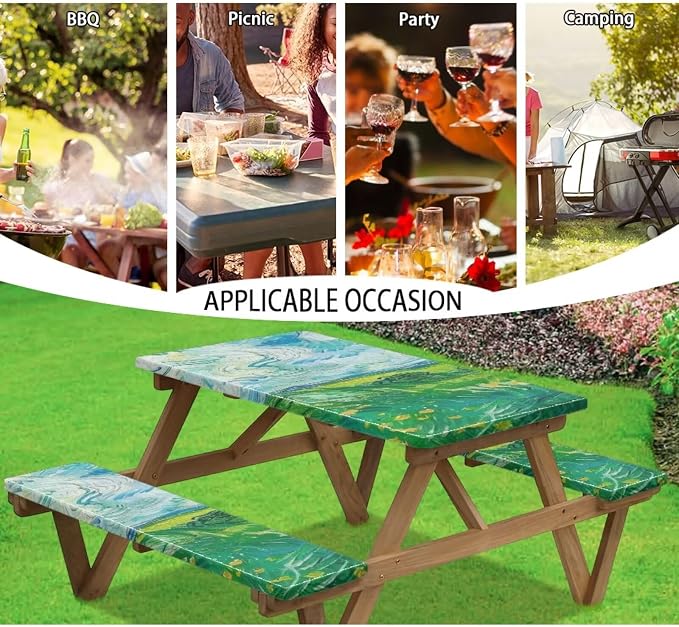 Green Field Picnic Table Cover with Bench Covers Elastic Picnic Table Covers Outdoor Table and Chairs Decorative Sets Camping Essentials Suitable for Summer Outdoor Camping