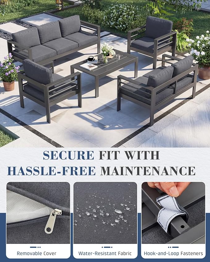AECOJOY Aluminum Patio Furniture Set, 7 Seats Modern Outdoor Furniture with Coffee Table, 5 Pieces Metal Conversation Sectional Sofa, Dark Gray