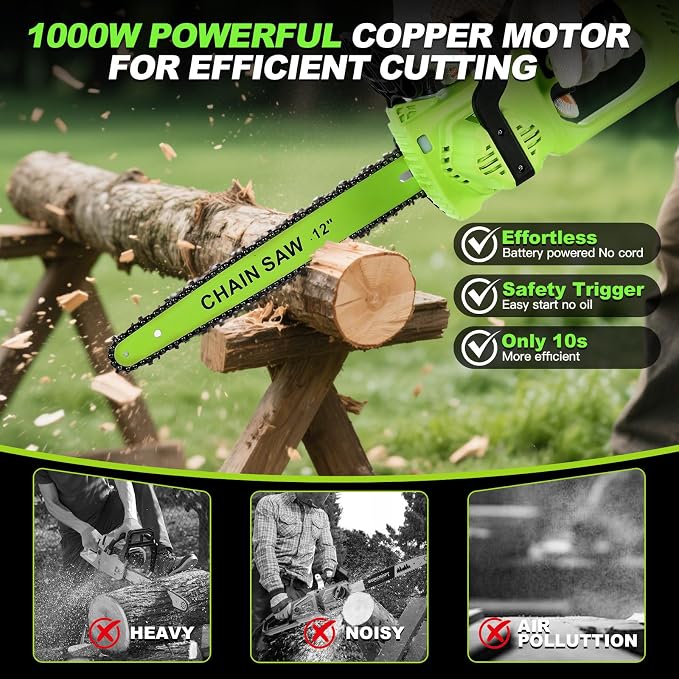 12" Electric Chainsaw Cordless, 21V Battery Chainsaw 2 x 4.0AH Battery, power chain saws with 2xChains & Guide Plate, Handheld Electric Power Chain Saw w Auto Oiling for Wood Cutting Trimming Branch
