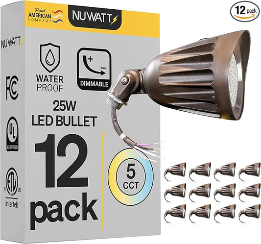 NUWATT 25W LED Bullet Spot Light for Outdoor Landscapes, 3500 LM Bright Illumination for Yard, 3000K/4000K/5000K Selectable, 1/2" Knuckle Mount, 120-277V Waterproof Flag Pole Light (12-Pack)