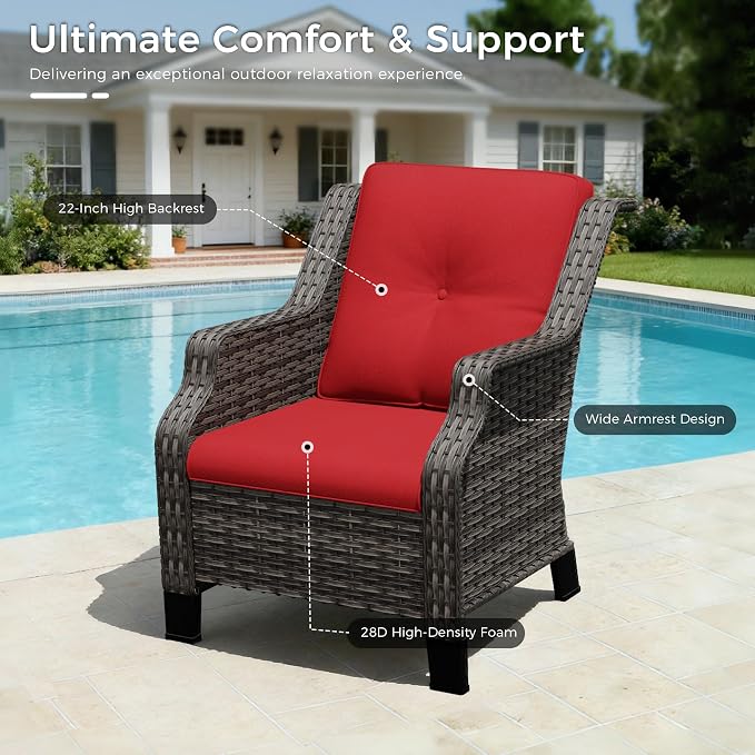 Outdoor Patio Chairs Set of 2, Wicker Patio Furniture with Thick Cushions, Curved Armrest, Deep Seating, Rattan Outdoor Chairs for Porch, Deck, Balcony