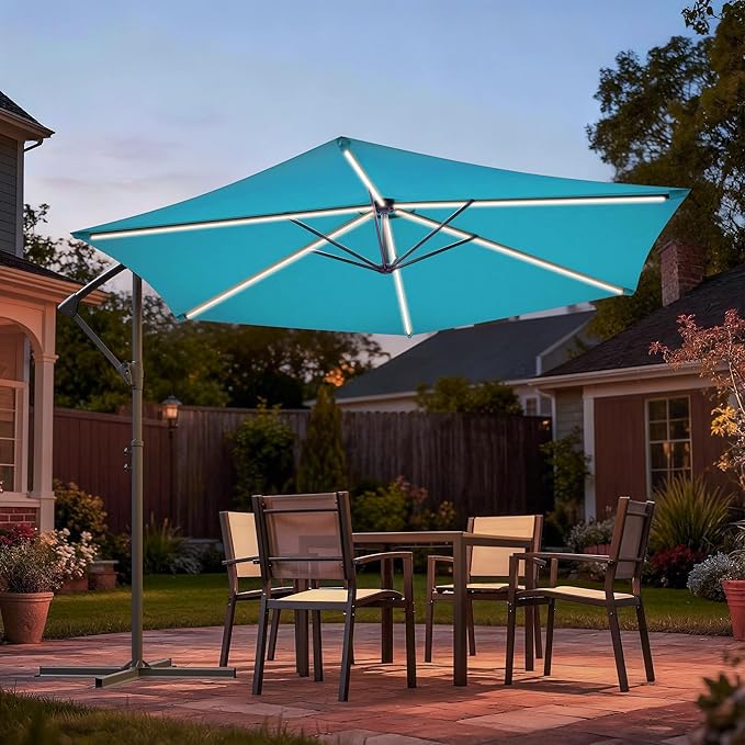 10ft Offset Patio Umbrella with Solar Light Strips,Outdoor Cantilever Hanging Umbrella with Cross Base, Fade Resistant Recycled Fabric, for Pool, Deck, Garden,Backyard,