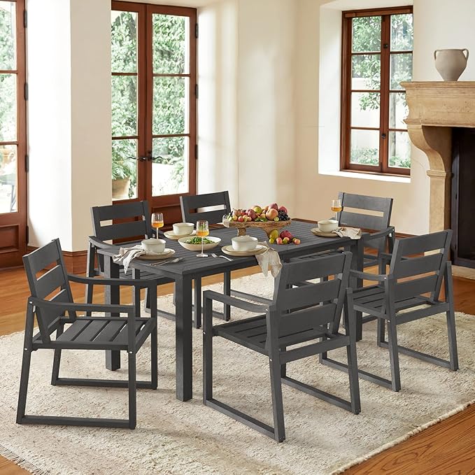 Cozyman Patio Table and Chairs Set, HDPS Outdoor Dining Set for 6, Patio Furniture for Deck, Poolside, and Backyard, Dark Gray