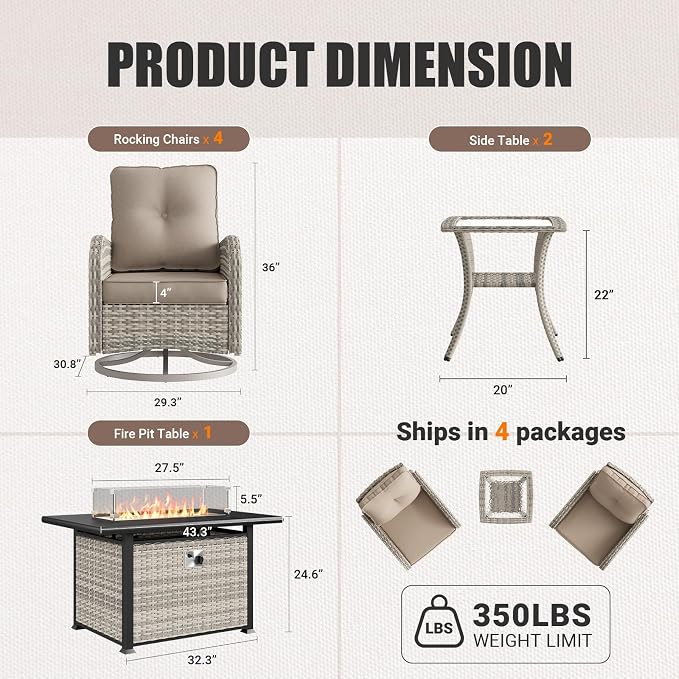 7Pcs Patio Rocking Swivel Chair with 55,000 BTU Fire Pit Table Outdoor Wicker Rattan Bistro Set with Tempered Glass Side Table, Outdoor Patio Furniture Set for Garden and Balcony, Beige