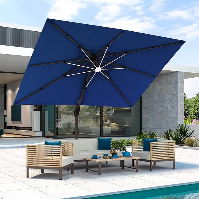 JZAC & QZYD 9x12 FT Outdoor Cantilever Patio Umbrella with Base Included and LED Lights, Large Heavy Duty 2-Tier Aluminum Offset Umbrellas with 360-Degree Rotation for Pool Deck, Navy