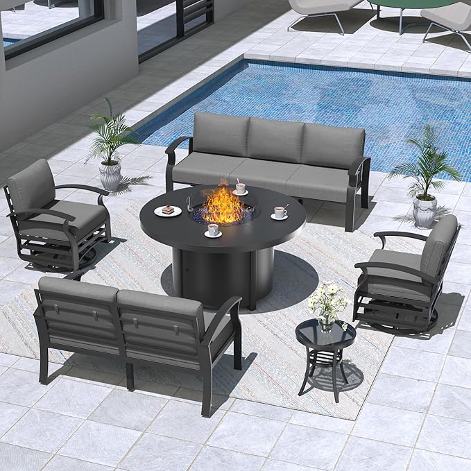 ALAULM Aluminum Patio Furniture Set with 40,000 BTU Round Propane Fire Pit Table 7-seat Metal Outdoor Furniture w/ 2 Swivel Chairs Patio Sectional Sofas for Patio, Lawn, Poolside（Grey
