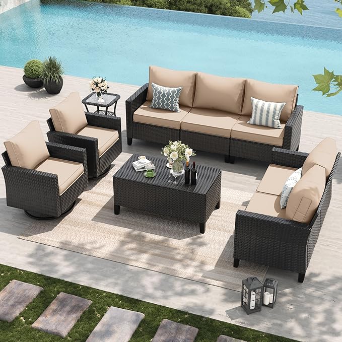 Amopatio Patio Furniture Set, 6-Piece Wicker Outdoor Sectional Sofa with Swivel Rocker Chairs, Rattan Conversation Set with Storage Coffee Table and Waterproof Cover for Backyard Black/Khak