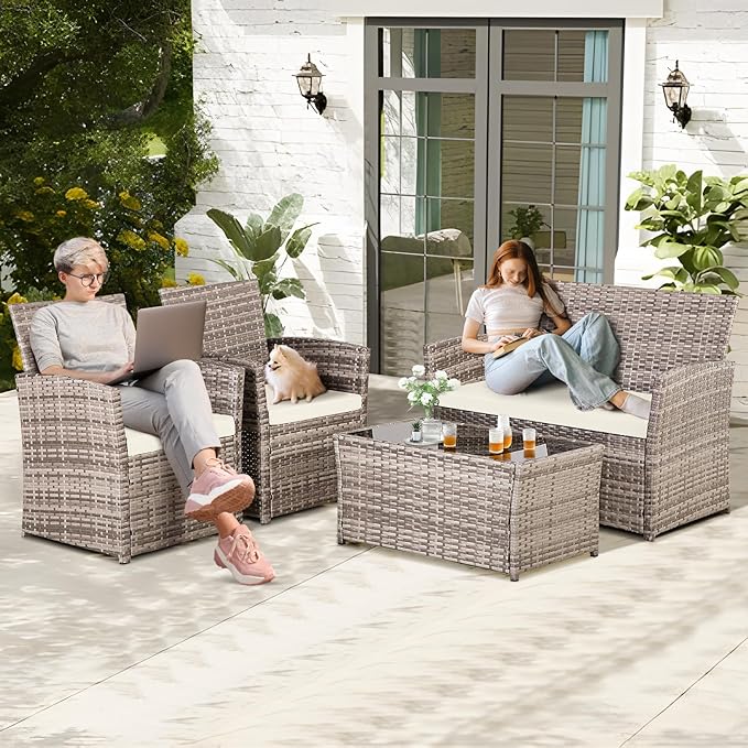 FHFO 4 Piece Outdoor Patio Furniture Set, Wicker Conversation Set, Rattan Table and Chairs and Loveseat with Cushions for Outside Balcony Porch Backyard (Gray-Beige)