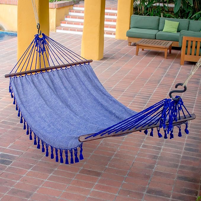NOVICA Purple Cotton Fabric 1 Person Brazilian Style Hammock with Spreader Bars and Knotted Crochet Fringe, 'Take Me to The Stars' (Single)
