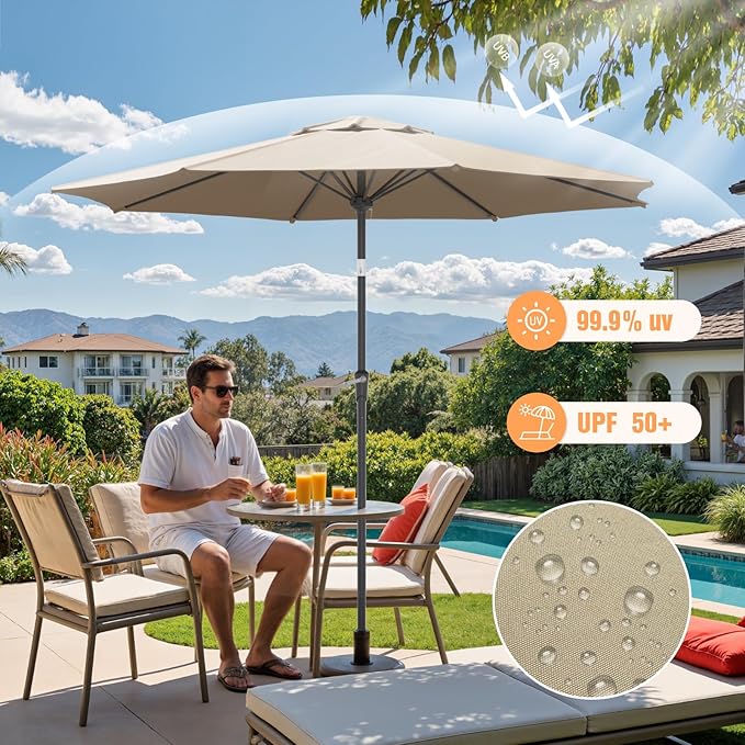 Outdoor Patio Umbrella, Table Umbrella with Push Button Tilt and Crank, 8 Ribs Market Umbrella