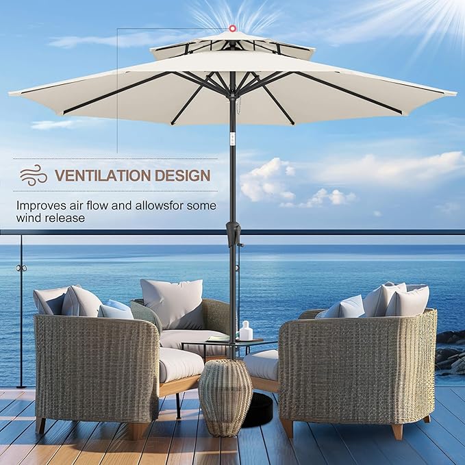 FLAME&SHADE 9ft Patio Umbrella - 2 Tiers Outdoor Umbrella with Push Button Tilt and Crank for UV Protection, Table Market Umbrella for Garden, Deck, Backyard, Pool and Beach(Ivory)