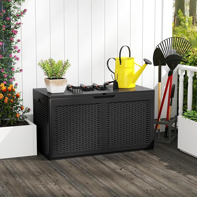 Tangkula 100 Gallon Outdoor Storage Box, Lockable Outdoor Storage Bench with 2 Smooth Wheels, Faux Rattan Surface, Waterproof Resin Deck Box for Outside Poolside Patio Garden (Black)