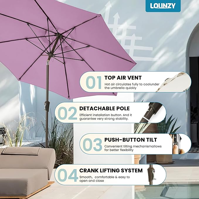 LOUNZY 9FT Large Outdoor Patio Umbrella Table Umbrella-UV Resistant,Easy Push Button Tilt and Crank,8 Sturdy Fiberglass Ribs Pool Umbrella for Patio,Backyard,Deck,Yard,Market