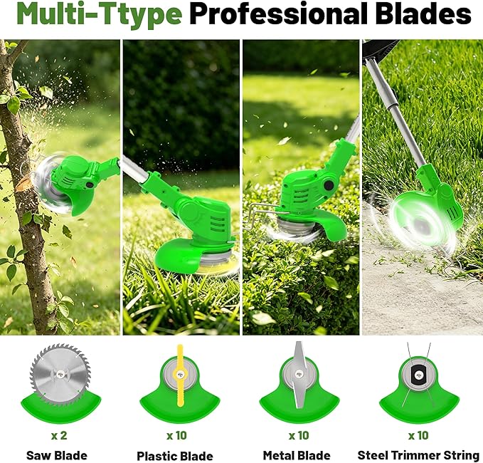 Cordless Weed Wacker Electric Eater Battery Powered 21V x 2 Battery Operated Stringless Weed Trimmer 3-in-1 Grass Trimmer/Lawn Edger/Brush Cutter with 4 Types Blades & Wheels for Garden Yard