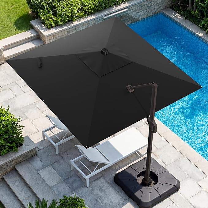 GENTEACO 10X10 FT Cantilever Umbrella, Large Offset Patio Umbrella with 6 Angle Tilts & 360° Rotation, Large Square Sun Umbrellas for Outdoor Patio Pool Deck Market, Black