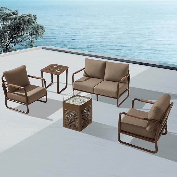 MBY Outdoor Aluminum Patio Furniture Set, 4-Seats Patio Conversation Sofa Set with 45,000 BTU Fire Pit Table w/Glass Wind Guard, All Weather for Pool, Balcony, Garden-Brown