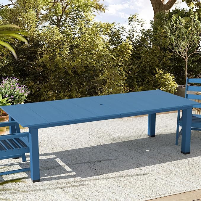 LOUNZY 75.2" HDPE Rectangle Outdoor Dining Table for 8, Oversized Patio Dining Table w/ 2" Umbrella Hole,Navy