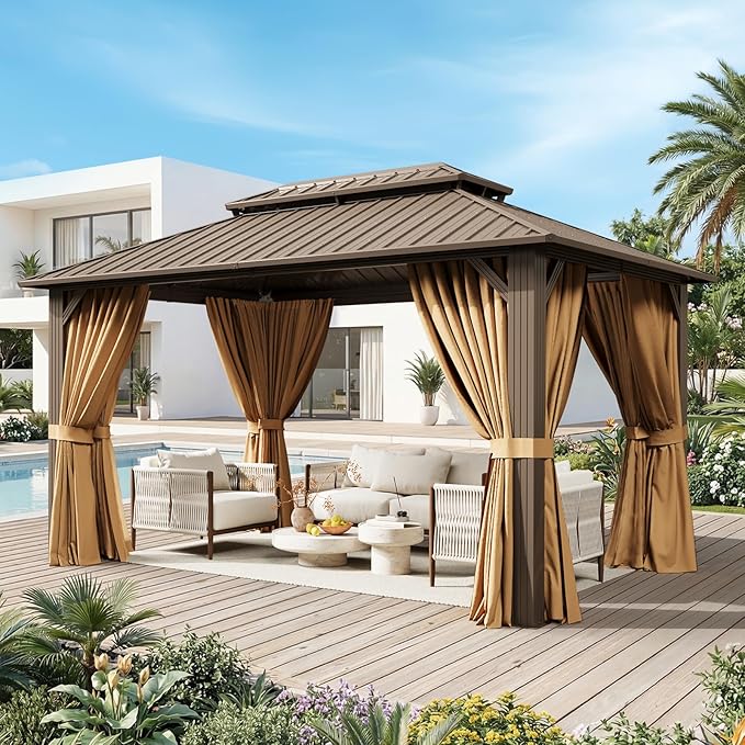 10x14FT Hardtop Gazebo, Metal Frame with Double Galvanized Steel Roof, Permanent Outdoor Pergola with Curtains and Netting Included for Backyard, Patio, Lawn and Garden, Brown