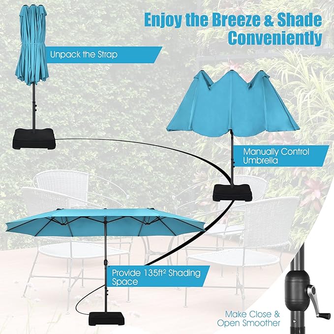 Tangkula 15FT Double-Sided Patio Umbrella, Outdoor Ultra-Large Twin Market Garden Umbrella W/Hand-Crank & Enhanced Base, for Residential & Commercial Use (Turquoise)