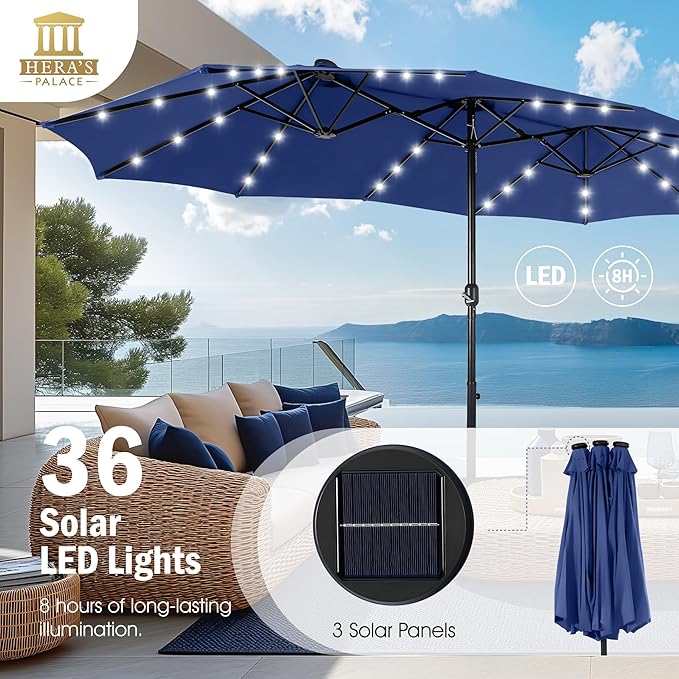HERA'S PALACE 15ft Patio Umbrella with Base Included Double Sided Outdoor Umbrella for Patio Table Umbrella Outdoor 36 LED Solar Lights for Garden