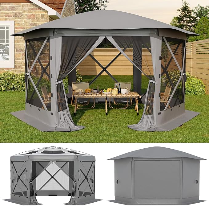 GarveeLife 11.5x11.5FT 6-Sided Pop Up Gazebo Tent，One-Push Setup Canopy Tent with Mesh Panels & Removable Wind Cloths, Outdoor shelter for Camping, Backyard Parties, Outdoor Events - Grey