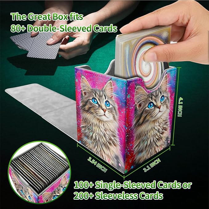 Deck Box for MTG, Cards Storage Box Fits 120+ Sleeved, Leather Medium Size Strong Magnetic Closing Card Case for Board Games Magic TCG CCG Baseball Collection, Cute Blue Eyed Cat