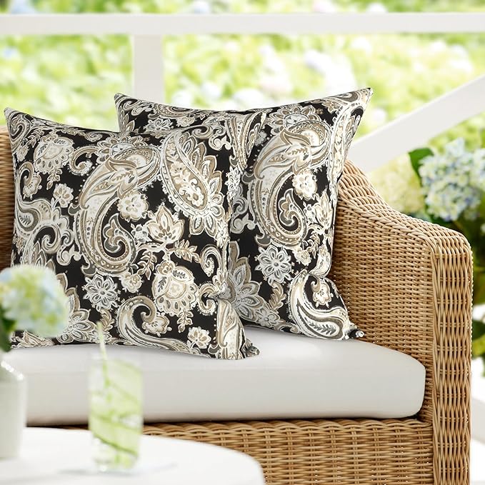 DYTXIII Pack of 2 Waterproof Outdoor Pillow with Inserts, 18x18 Square Patio Decorative Throw Pillow for Home,Sofa,Bench and Patio Furniture,Paisley Black