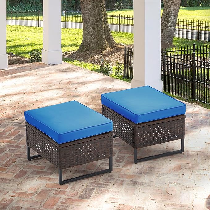 AVAWING Outdoor Wide Wicker Ottomans Set of 2, All-Weather Rattan Seat for Garden, Backyard and Balcony, Patio Footstool with Removable Cushions, Blue