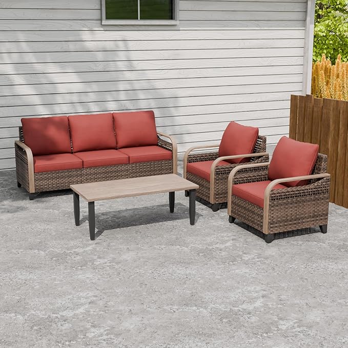 Modern Wicker Patio Furniture Set, Rattan Outdoor Conversation Set with Comfortable Cushions, 2 Patio Chairs, 3 Seat Couch and Coffee Table, 4 Pieces, Brown/Red