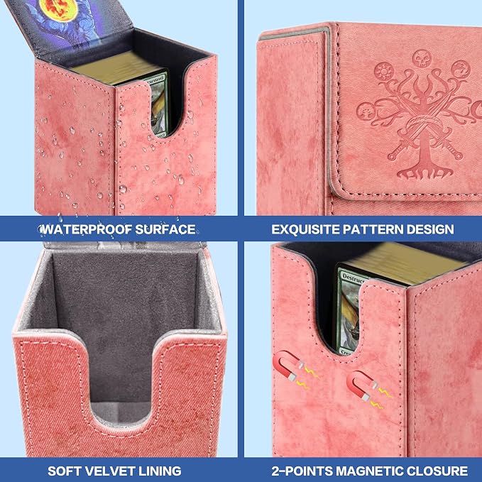 PROMAXIBINDER MTG Card Deck Box, Commander Deck Box Fits 100+ Single Sleeved Cards, Storage for TCG/MTG Crads, PU Leather Strong Magenet (Pink, Tree)