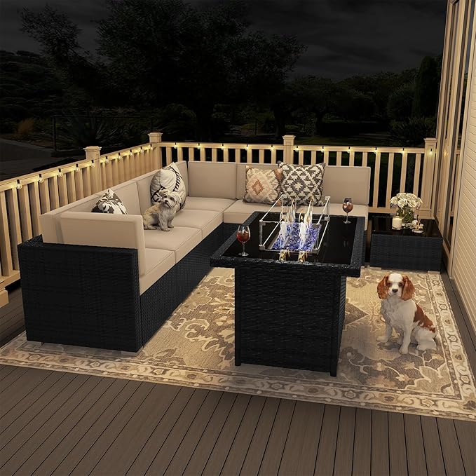 8 Pieces Patio Furniture Set with 44" Propane Gas Fire Pit Table, Outdoor Sectional Wicker Conversation Sofa Sets with Coffee Table