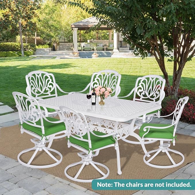 MEETWARM 60"x36" Cast Aluminum Patio Dining Table, Weather-Resistant Large Outdoor Dining Table for 6-8 Person, Patio Furniture Rectangular Table with Umbrella Hole and Adjustable Foot Pads, White