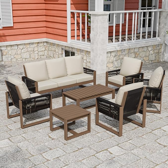Rustic Hideaway Natural Cedar Wood Outdoor Furniture Set, Wicker Patio Conversation Set for Porch Garden Backyard, Couch, 4 Patio Chairs, Table and 2 Ottomans, 8 Piece, Brownish/Beige