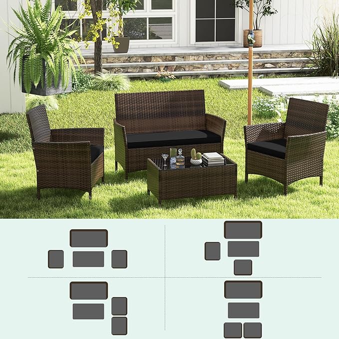 RELAX4LIFE 8-Piece Patio Furniture Set - Rattan Outdoor Conversation Bistro Set w/Cushions, Glass Coffee Table, Wicker Chairs & Loveseat for Garden Backyard Porch, Balcony Furniture Set (2, Black)